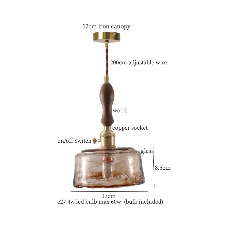 Afralia™ Amber Glass LED Hanging Lamp Japanese Vintage Pendant Lights for Bar Loft
