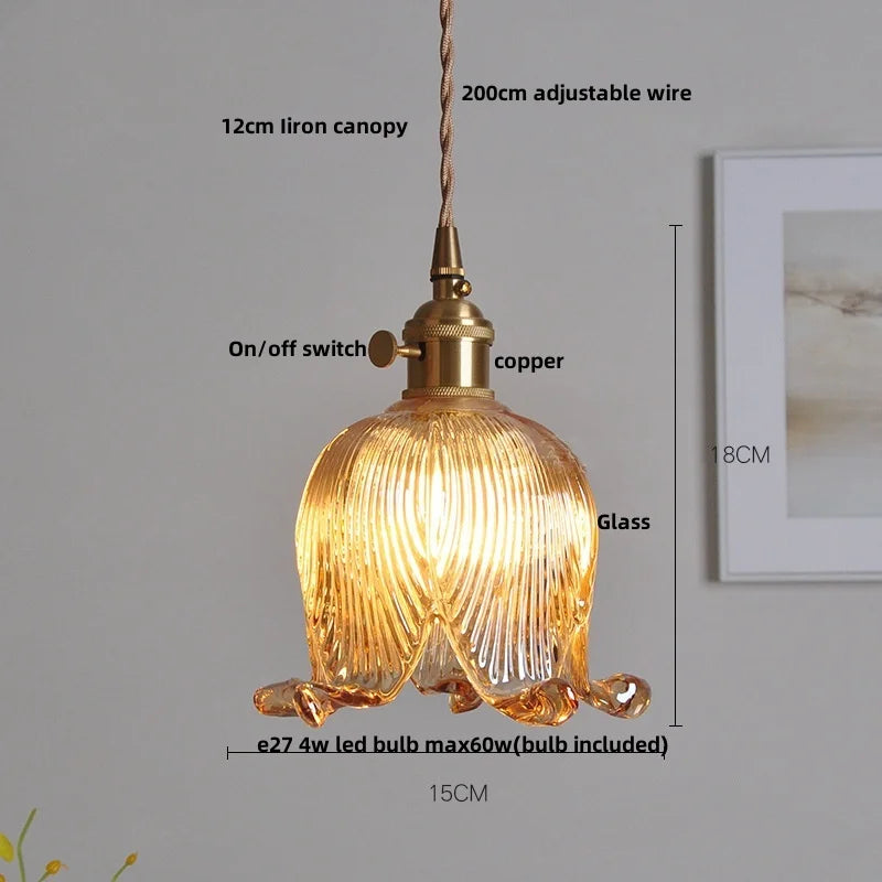Afralia™ Nordic Flower Glass LED Pendant Lamp in Walnut Gold Copper Wood for Home Decor