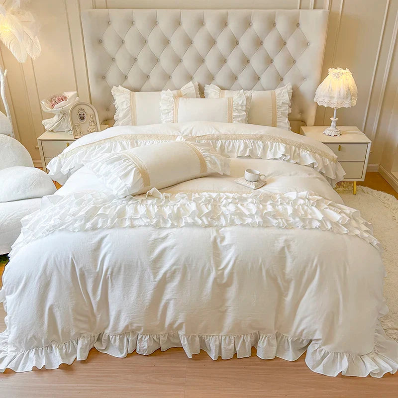 Afralia™ Pink Princess Lace Ruffles Bedding Set - 100% Cotton Double Layer Duvet Cover