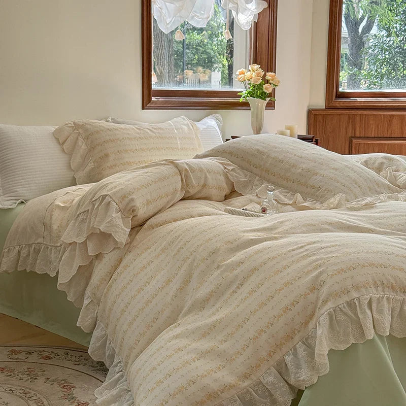 Afralia™ Elegant Floral Lace Ruffles Bedding Set with Double Yarn - Soft Cotton Blend