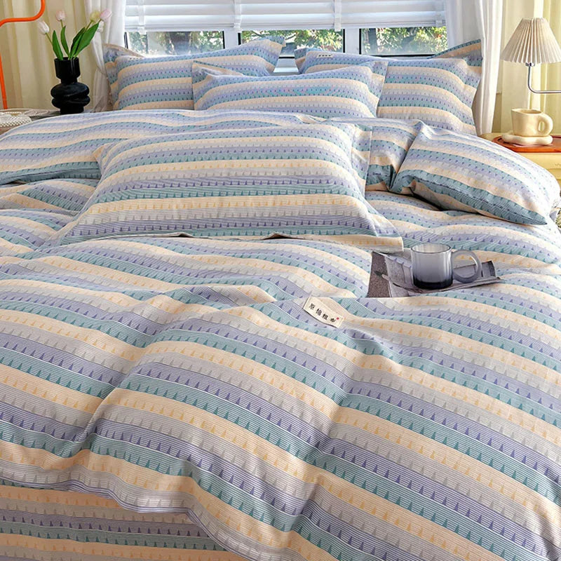 Afralia™ Luxury Cotton Stripe Printed Bedding Sets for Queen King Beds.