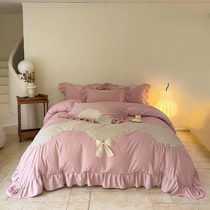 Afralia™ Lace Embroidery Princess Bedding Set - Duvet Cover, Sheet, Pillowcases - Blue Pink Purple