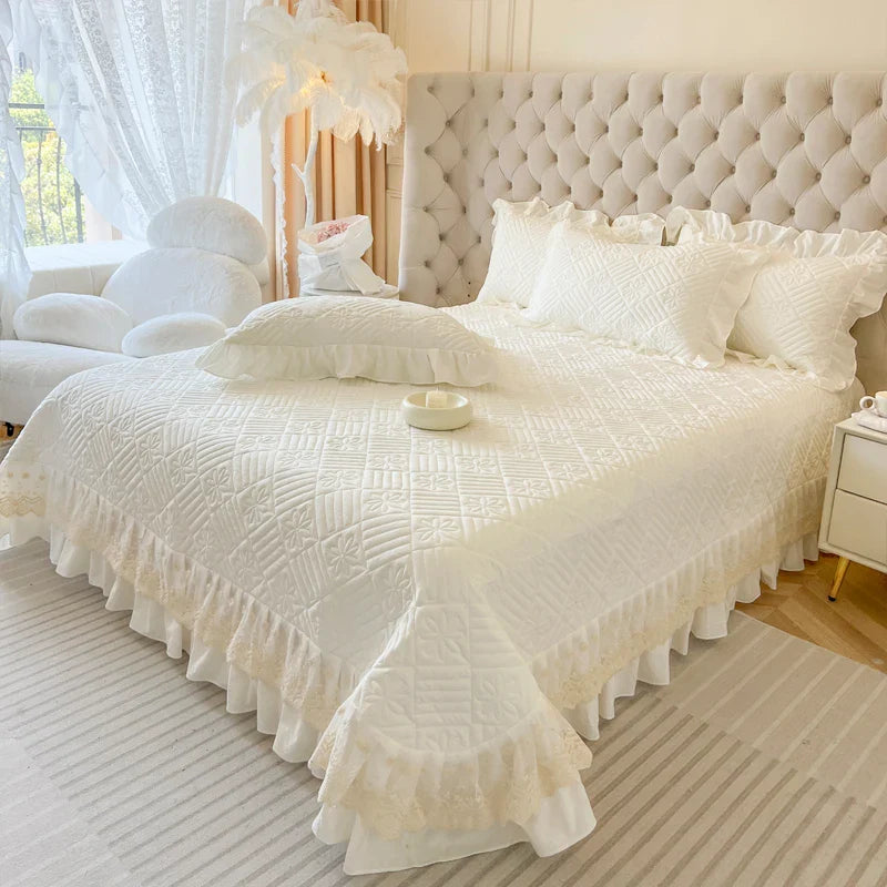 Afralia™ Korean Princess Style Quilted Bedding Set with Lace Ruffles 200x230cm