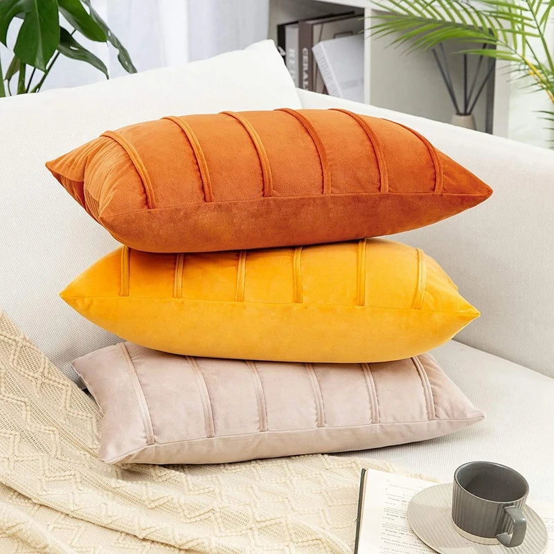 Afralia™ Velvet Striped Throw Pillow Covers Set, Yellow Lumbar Rectangle Cushion Covers