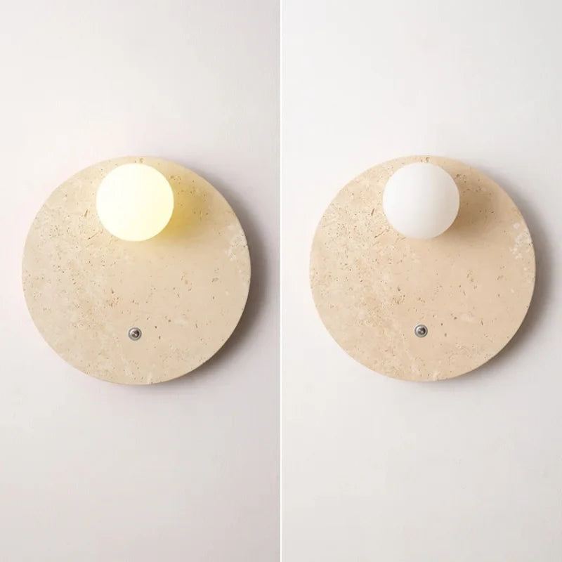 Afralia™ White Glass LED Wall Lights Yellow Travertine Stone Modern Disc Switch Bedside Lamp