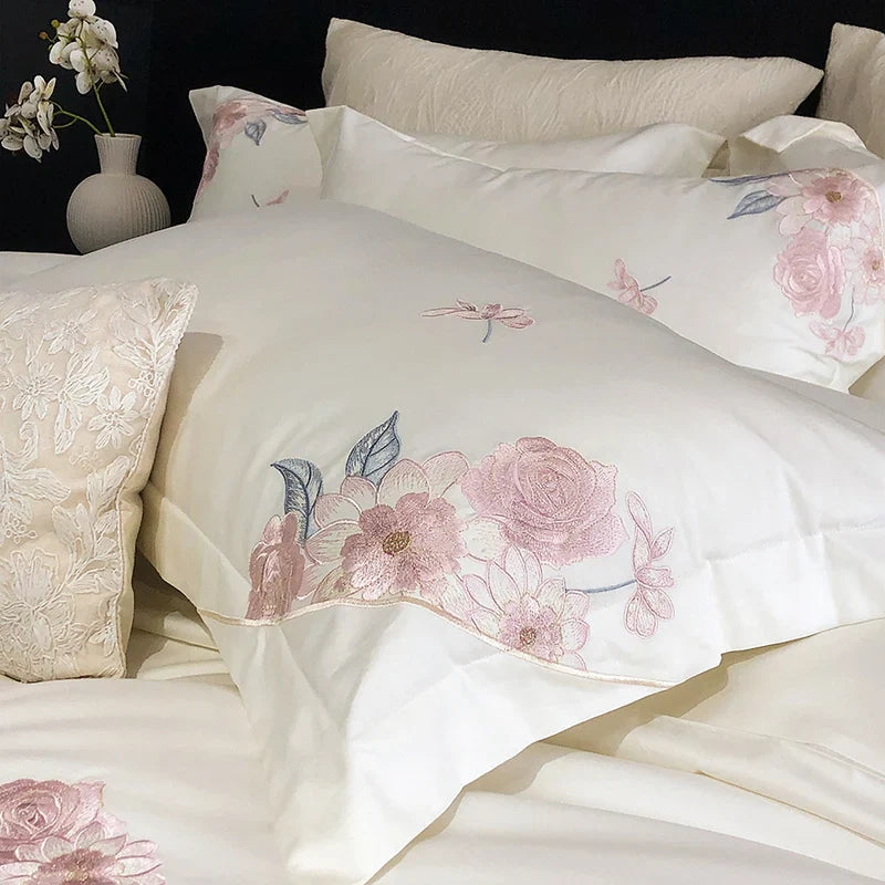 Afralia™ Luxury Flowers Embroidery Bedding Set 600TC Egyptian Cotton Duvet Cover Queen King Size