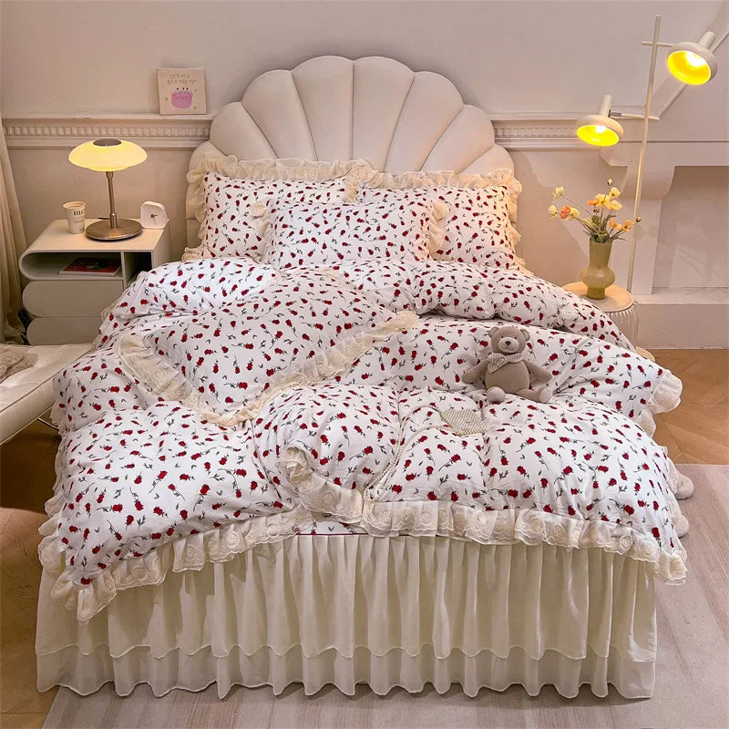 Afralia™ Princess Lace Ruffles Floral Bedding Set with Duvet Cover and Bed Skirt