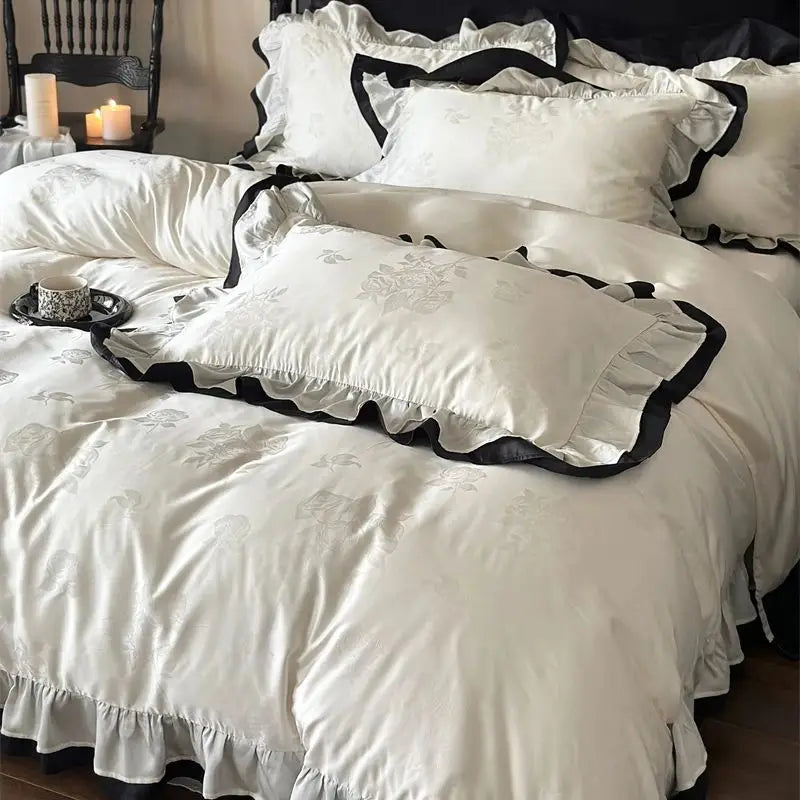 Afralia™ Vintage French Ruffles Black Edge Rose Jacquard Bedding Set & Sheet Set