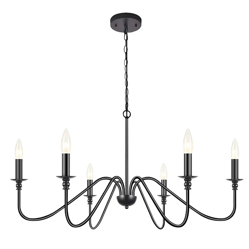 Afralia™ Black 6-Light Chandelier, Wrought Iron Farmhouse Pendant Light, Classic Candle Fixture