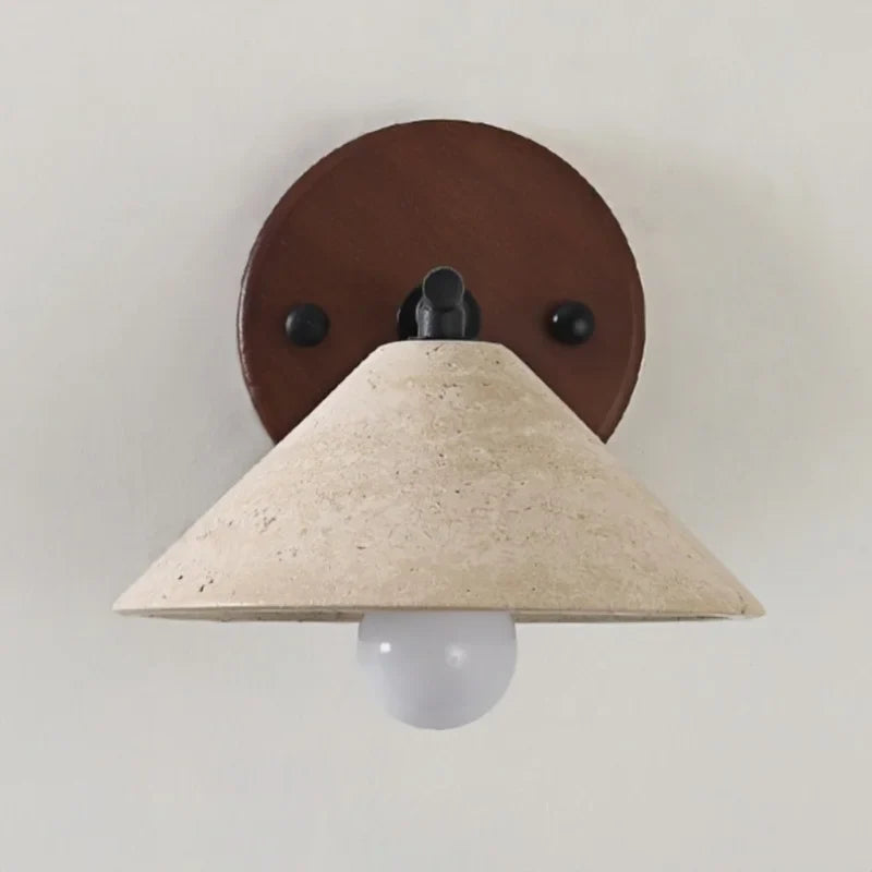 Afralia™ LED Yellow Travertine Wall Light with Wood Pull Chain Switch and Iron Frame