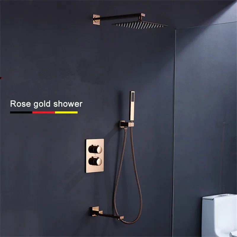 Afralia™ Rose Gold Square Shower Set with 10" Rainfall Head, Wall/Ceiling Mount