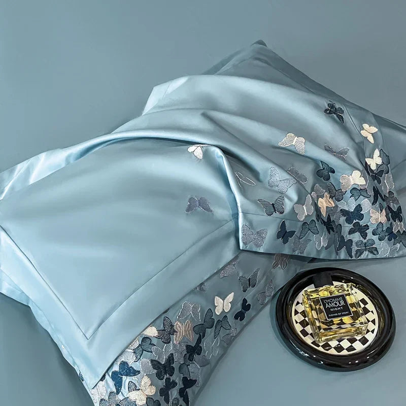 Afralia™ Butterflies Embroidery Bedding Set - King Queen Ru Size Bed Linens Sheet Pillowcase Comforter Cover Set