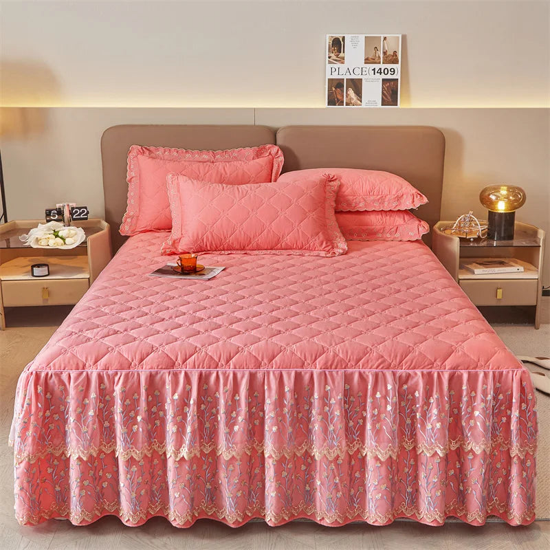 Afralia™ Cotton Lace Ruffles Quilted Bed Skirt Set with Pillowcases