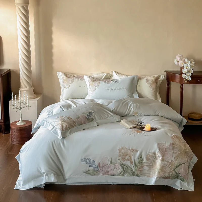 Afralia™ Luxury Flowers Embroidery Bedding Set Cream White 1000TC Egyptian Cotton Princess Suite