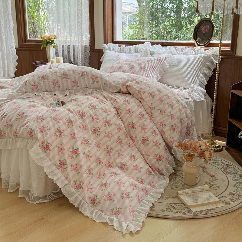 Afralia™ Floral Print Cotton Princess Bedding Set with Vintage Lace Details