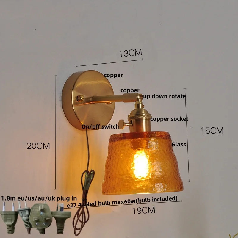 Afralia™ Clear Glass LED Wall Lights Brass E27 Pull Chain Switch Bedside Lamp