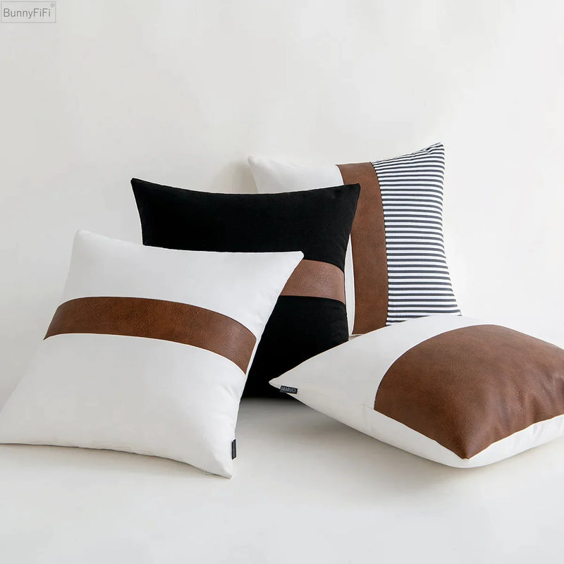 Afralia™ Modern Leather Cotton Cushion Cover in Brown White Black Palette