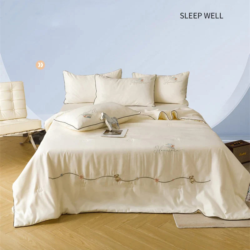 Afralia™ Bear Floral Embroidery Summer Blanket Set with Cooling Feel