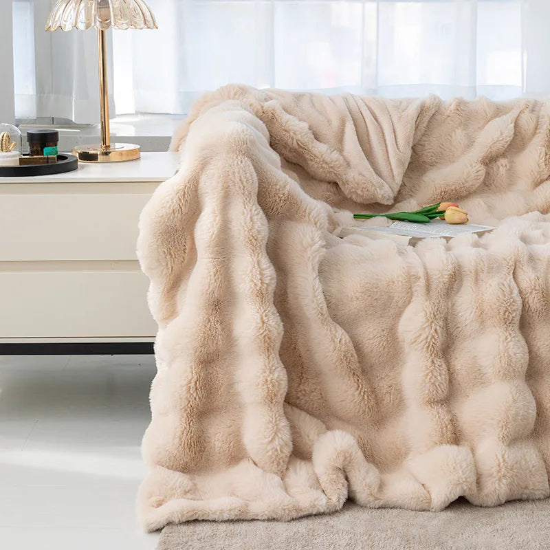Afralia™ Faux Rabbit Fur Flannel Sofa Blanket, All Seasons Solid Soft Nap Quilt