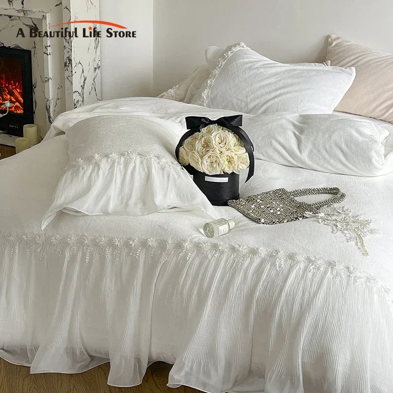 Afralia™ Romantic Lace Ruffles Bedding Set with Flowers Embroidery