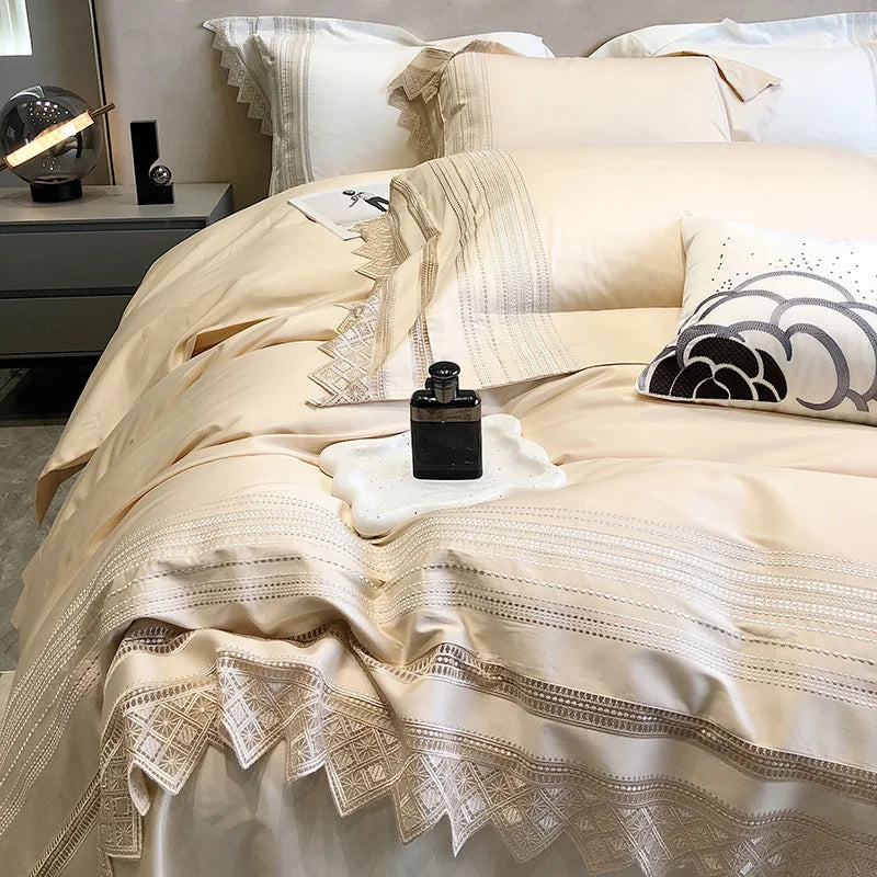 Afralia™ Champagne Embroidered Lace Bedding Set with 1000TC Egyptian Cotton Duvet Cover & Sheet