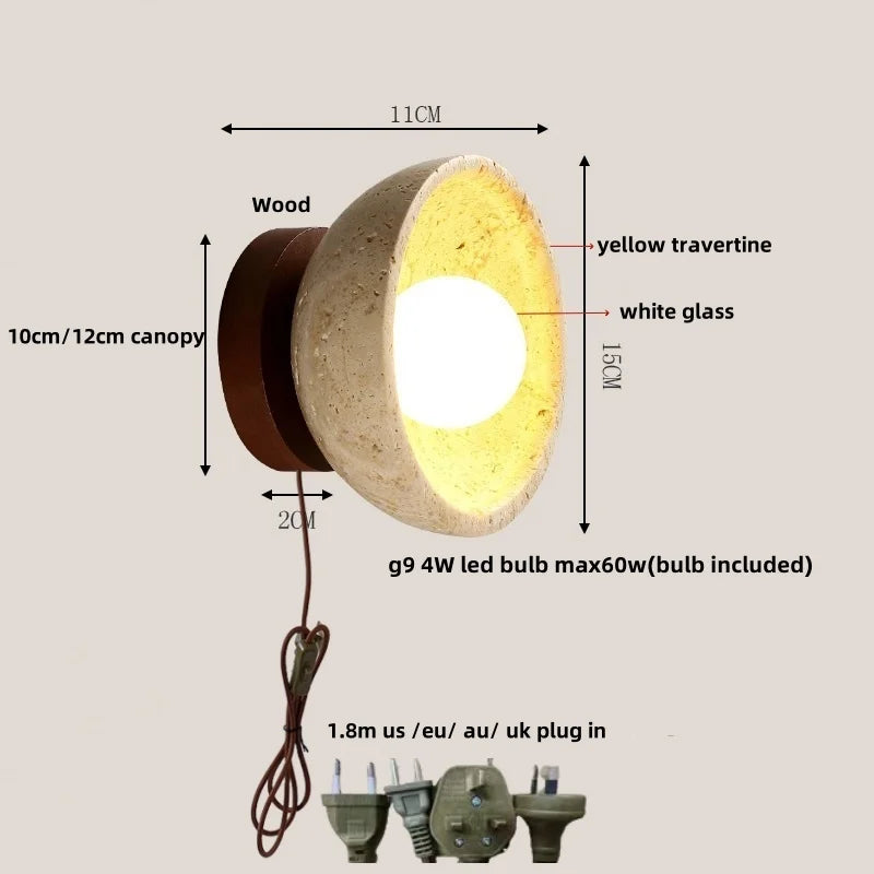 Afralia™ LED Wall Light Travertine Base Modern Nordic Pull Chain Bedside Lamp