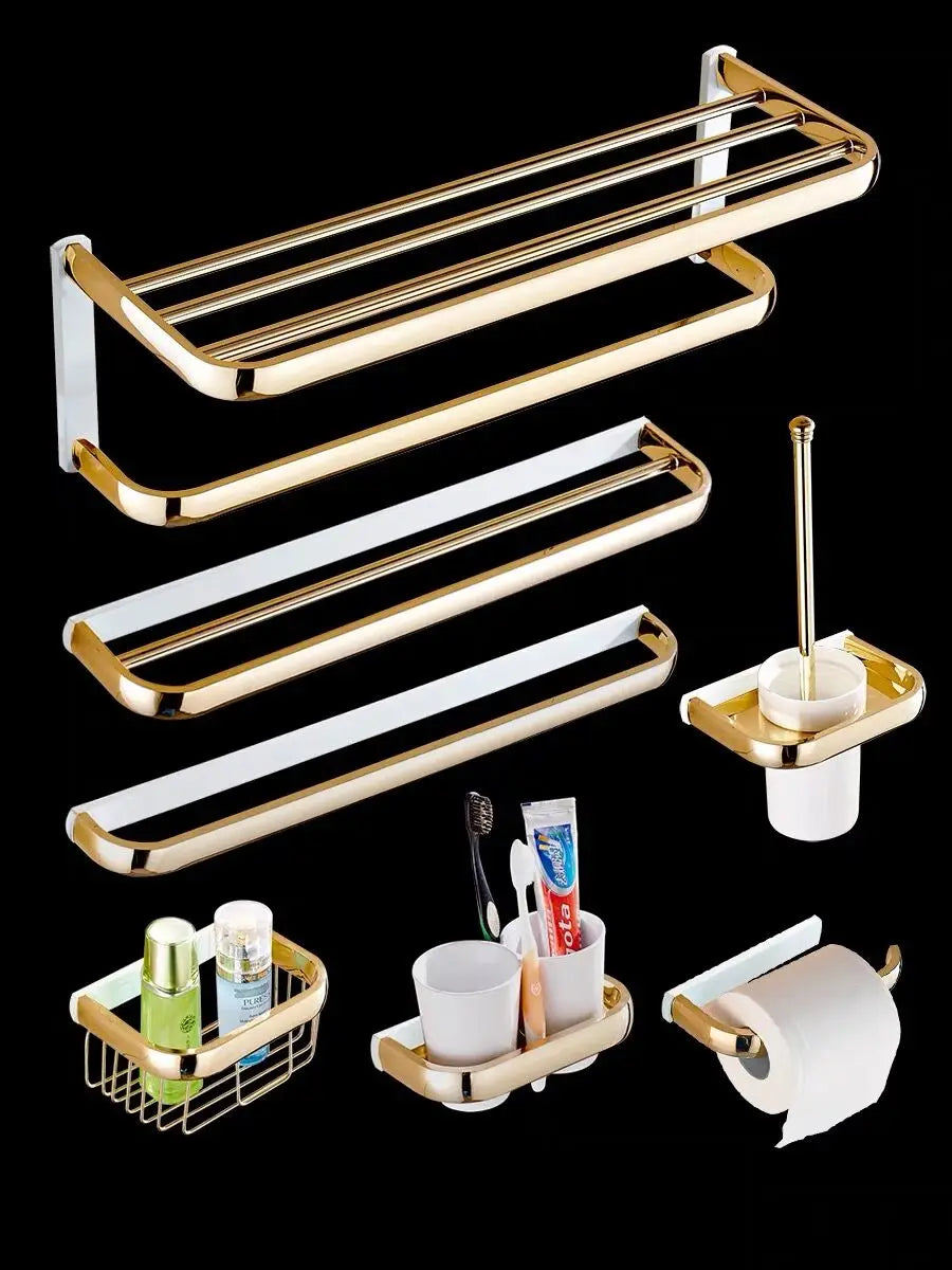 Afralia™ Gold Brass Bathroom Hardware Set: Paper Holder, Towel Bar, Soap Basket, Towel Rack