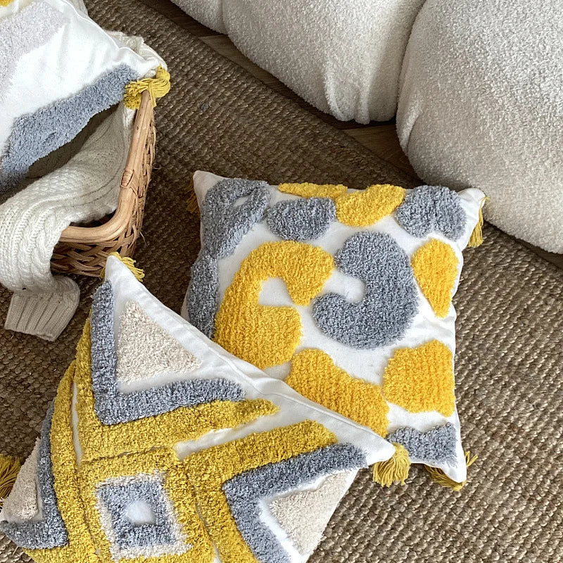 Afralia™ Yellow Geometric Tufted Sofa Pillow Cover - Bohemian Cushion Cover