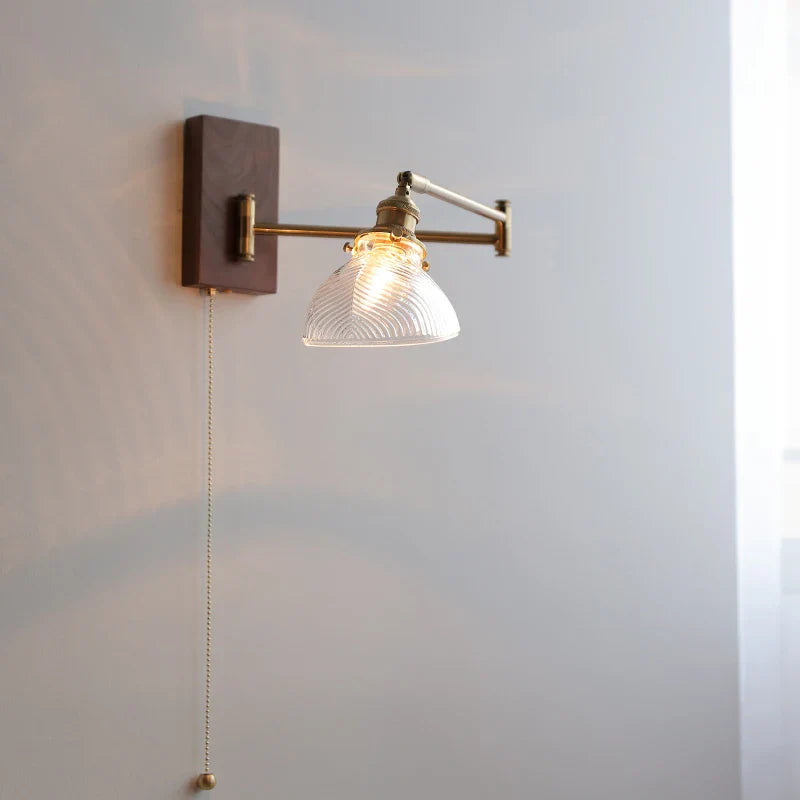 Afralia™ Clear Glass Copper LED Wall Light with Pull Chain Switch & Walnut Wood Canopy