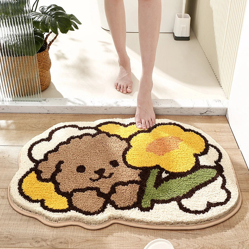 Afralia™ Cartoon Puppy Flocked Bathroom Rug Thicken Super Absorbent Water Bath Rugs