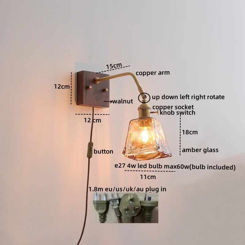 Afralia™ Amber Glass LED Wall Sconce Pull Chain Switch.