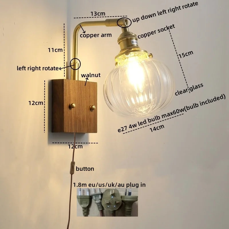 Afralia™ Clear Glass LED Wall Sconce Walnut Copper Modern Stair Light Fixtures