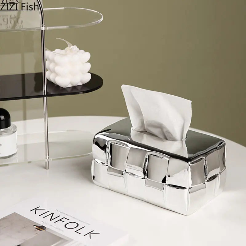 Afralia™ Geometric Grain Silver Check Tissue Box Holder & Desktop Organizer