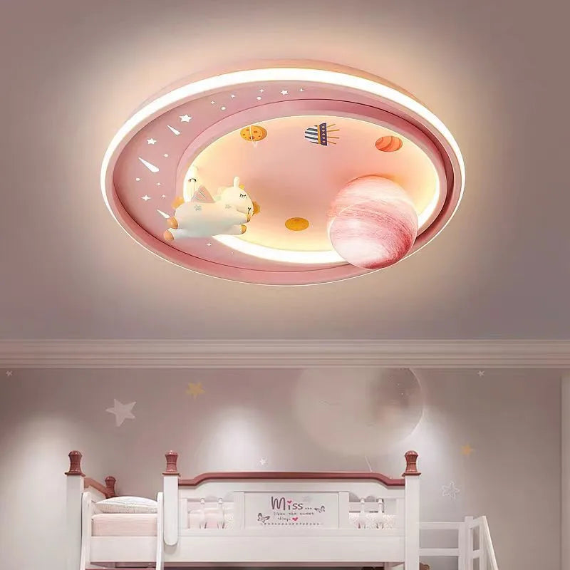 Afralia™ Kids Moon Astronaut LED Ceiling Light for Eye Care in Blue Pink Carton Theme