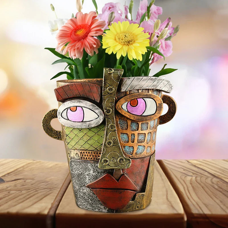 Afralia™ Retro Abstract Art Flower Pot Resin Ornament Vase Planter Container