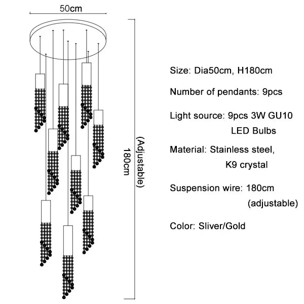 Afralia™ Chrome Crystal LED Ceiling Pendant: Modern Large Staircase & Lobby Lighting