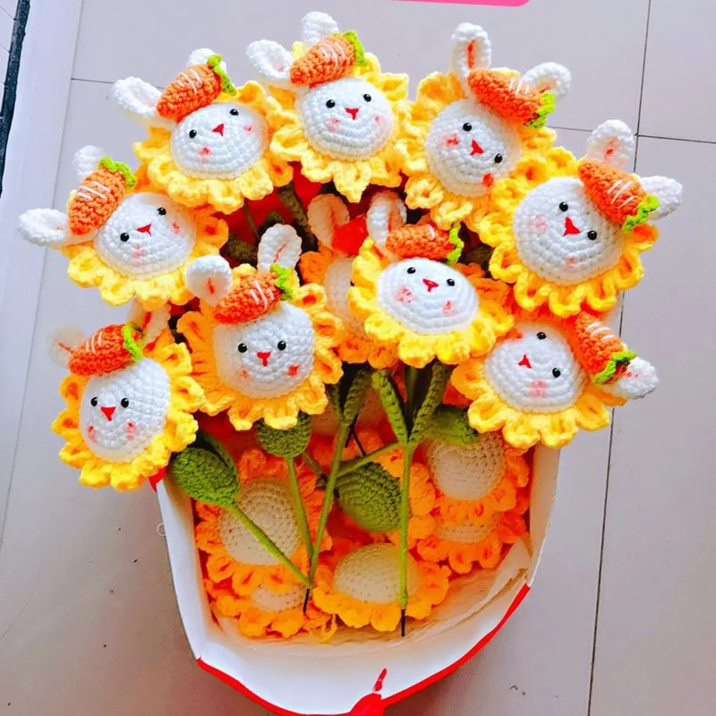 Afralia™ Knitted Sunflower & Rabbit Bouquet: Handmade Crochet DIY Home Decor & Gift