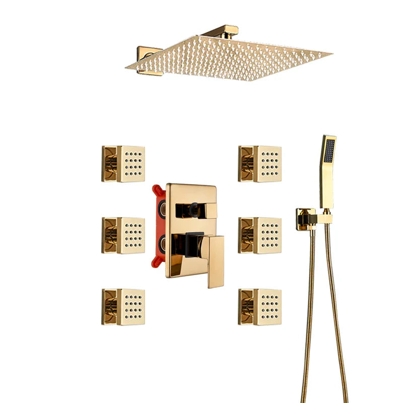 Afralia™ Gold Rainfall Shower Head Massage System Wall Mounted Bath Mixer Tap