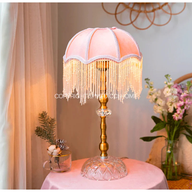 Afralia™ Retro Velvet Pink Lampshade With Beaded Tassel - Girls Bedroom Luxe Lamp Cover