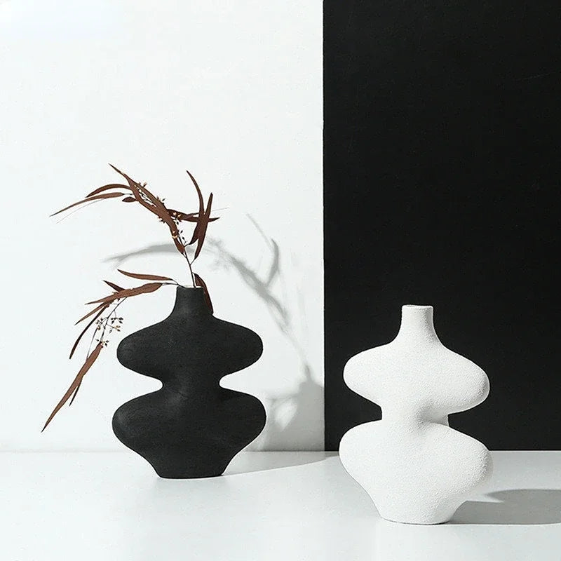 Afralia™ Geometric Ceramic Vase Set Black White Crafts Home Decor Flower Arrangement