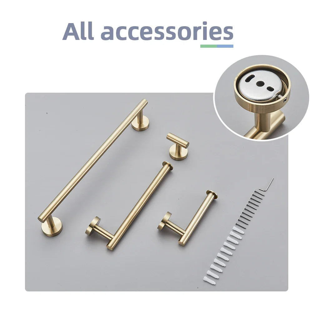 Afralia™ Brushed Gold Bathroom Accessories Set: Towel Rail, Paper Holder, Hook, Stainless Steel