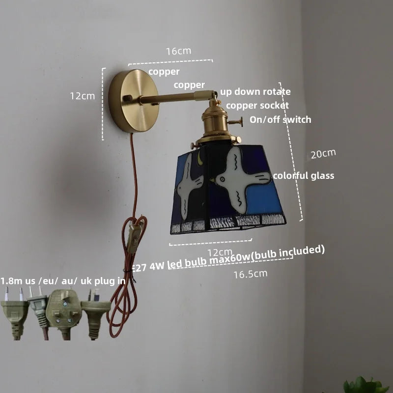Afralia™ Peace Pigeon Rotatable Wall Lamp - Colorful Tiffany Style Glass, Pull Chain Switch