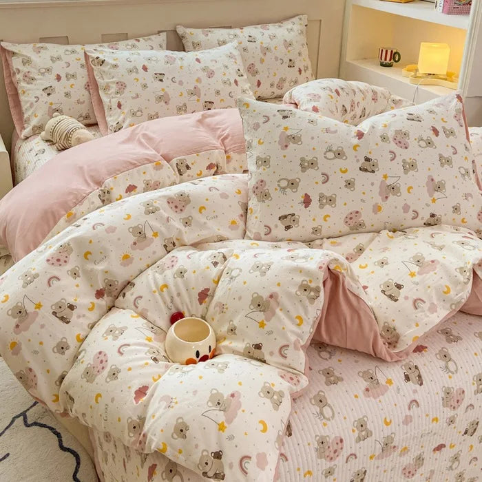 Afralia™ Cartoon Cat Floral Duvet Cover Set - Pink Kids Girls Bedroom Decor