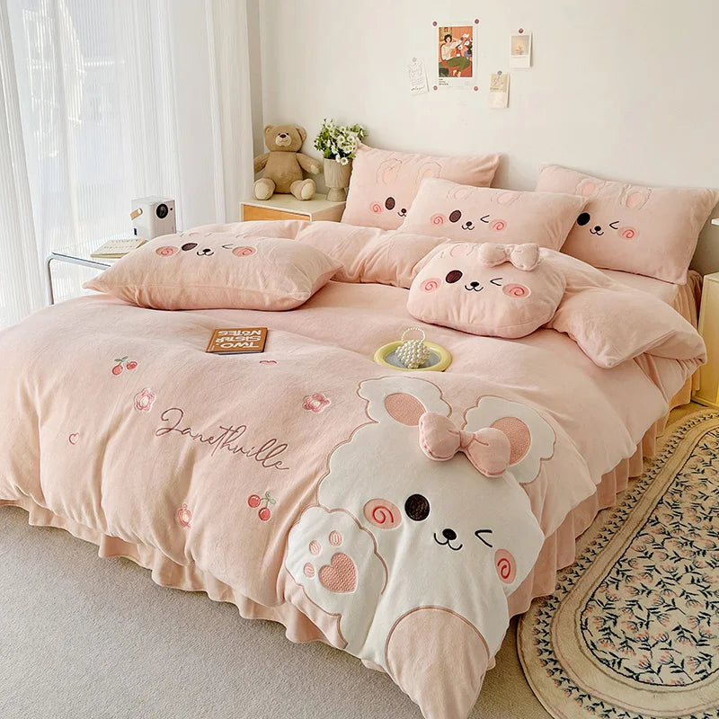 Afralia™ Cartoon Rabbit Applique Embroidery Bedding Set with Velvet Fleece for Cozy Comfort
