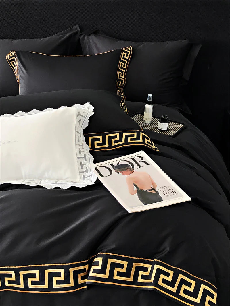 Afralia™ Gold Embroidery Duvet Set, Black Egyptian Cotton Bedding, 1000TC, Double King Queen