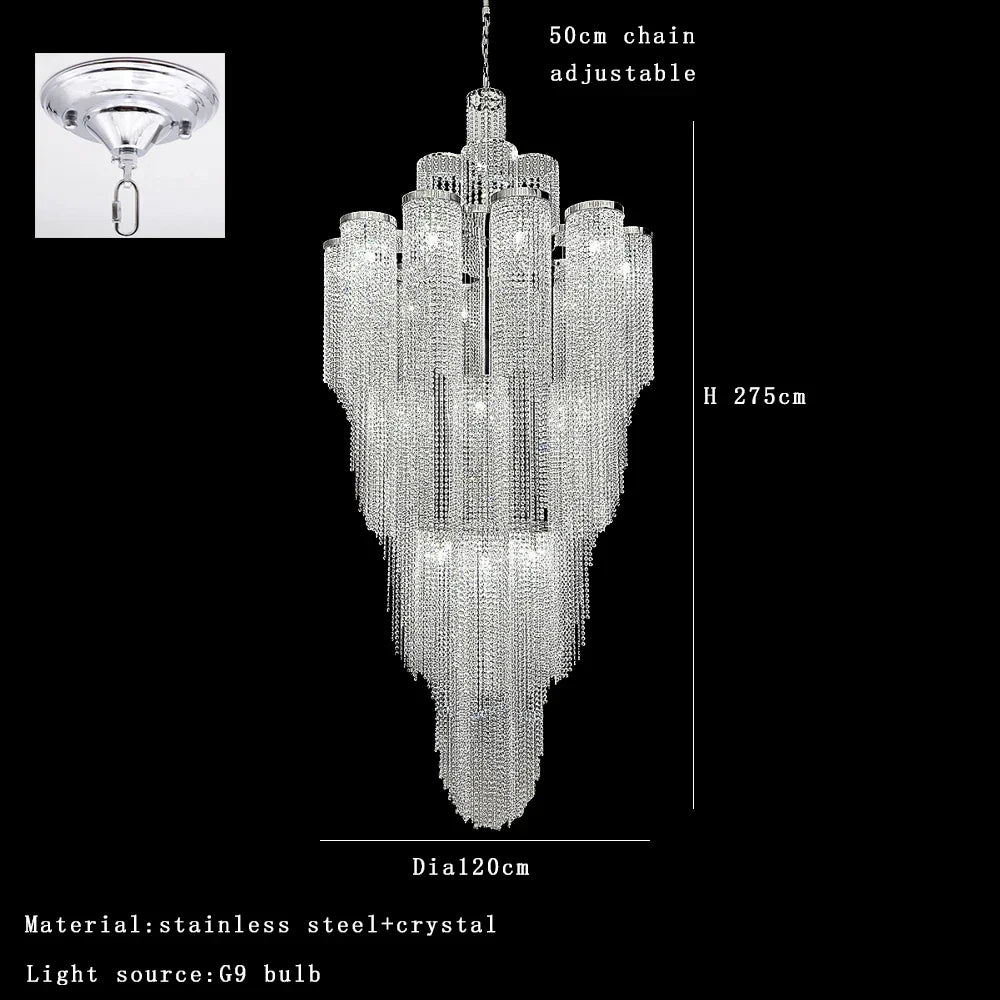 Afralia™ Waterfall Crystal Pendant Light in Silver/Gold - Elegant High Ceiling Villa Duplex Lamp