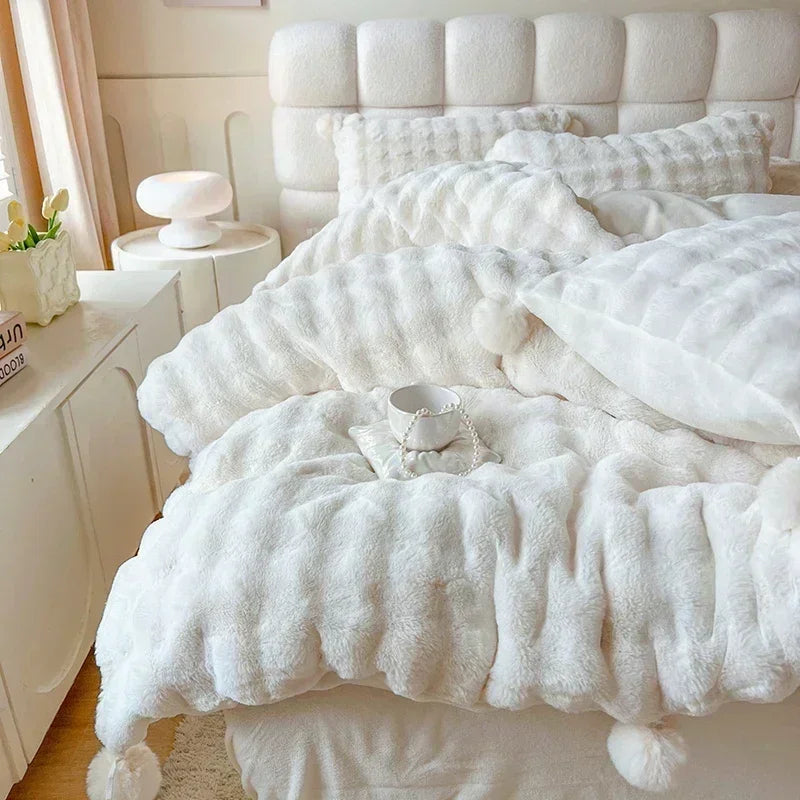 Afralia™ Luxe Tuscan Faux Fur Duvet Set - White Cozy Comfort for Winter