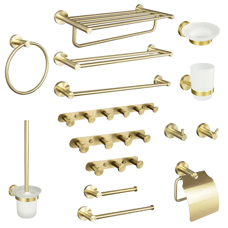 Afralia™ Brushed Gold Bathroom Accessories Set: Wall Mount Shelf, Toilet Paper Holder, Towel Bar, Robe Hook