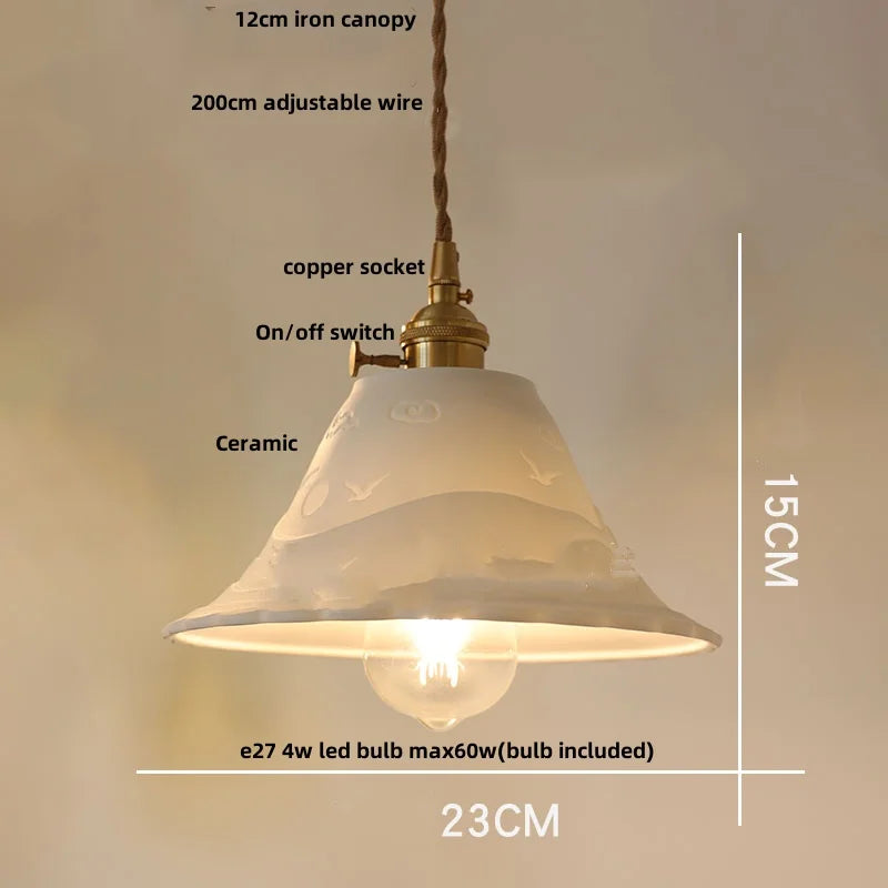 Afralia™ Nordic LED Pendant Light White Ceramic Walnut Wood Hanging Lamp