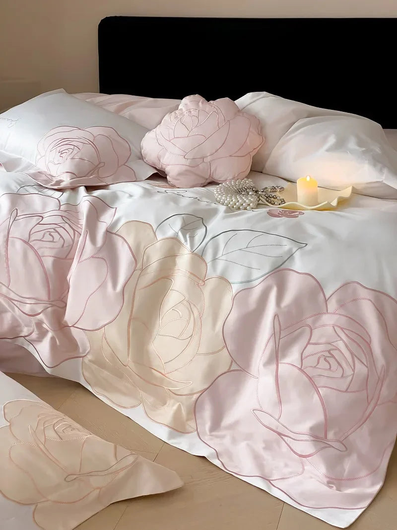 Afralia™ Luxury Rose Flowers Embroidery Bedding Set 1000TC Egyptian Cotton Duvet Cover Set